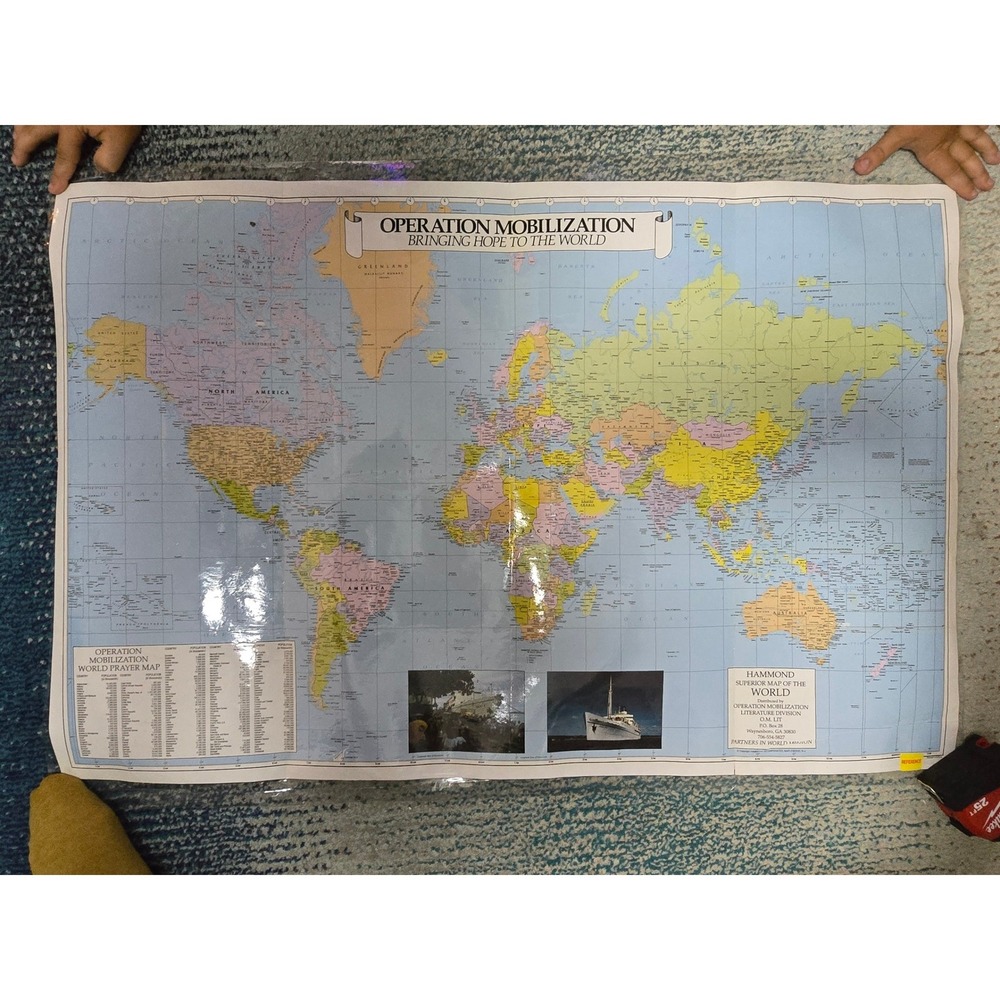 Hammond World Map Operation Mobilization Vintage 38x25 Blue Good Prayer Map